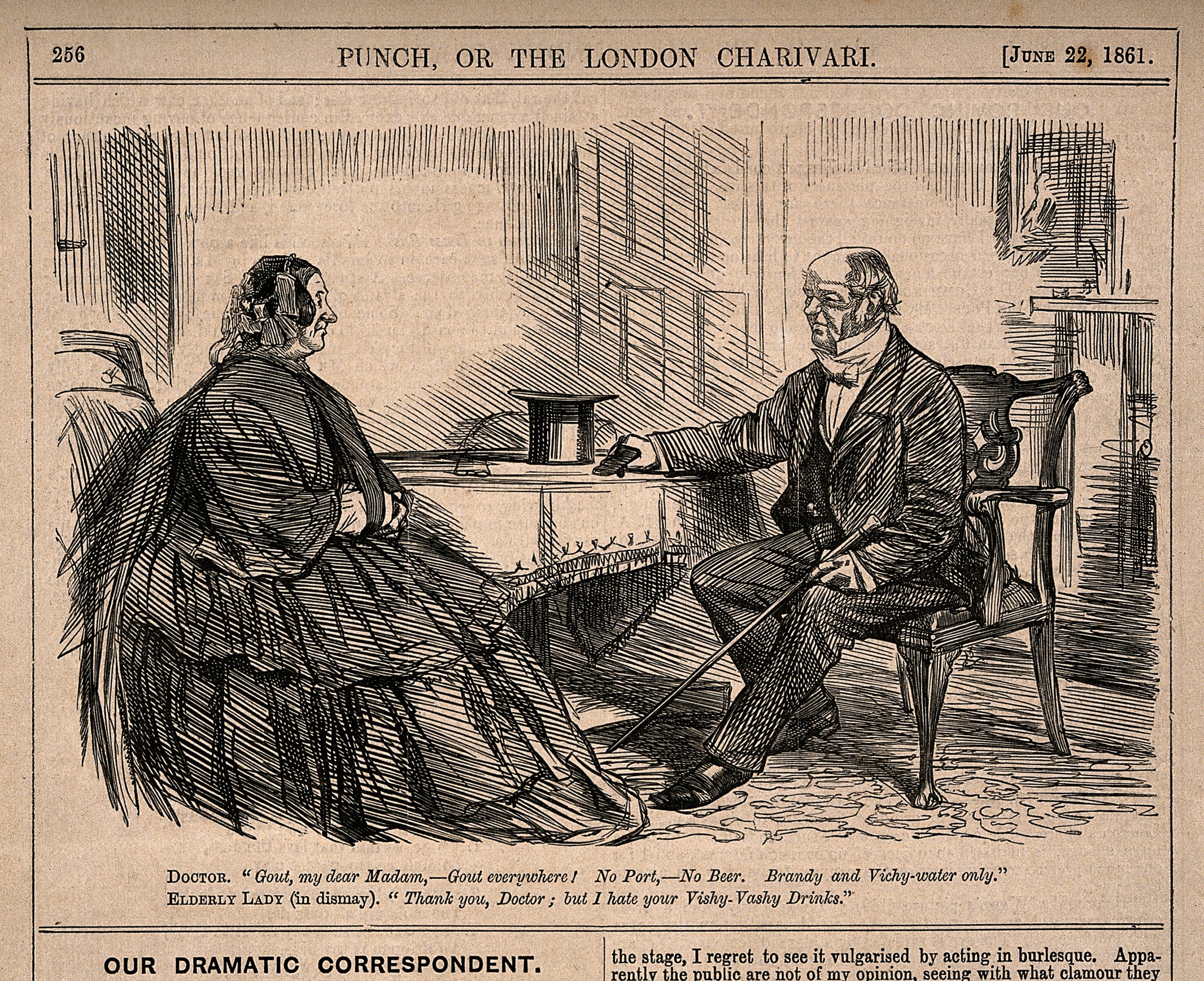 Abbild von einem alten Zeitungsbeitrag aus 1861, in dem ein Arzt seiner widerstrebenden Patientin rät, Alkohol zu vermeiden
