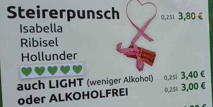 Die Punschauswahl eines Punschstandes mit den zusätzlichen Optionen "auch Light (weniger Alkohol)" und "oder Alkoholfrei" 