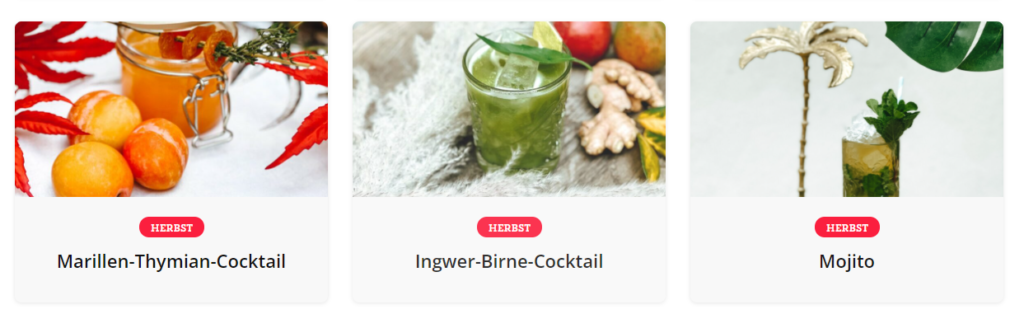 Drei verschiedene Cocktails und Bilder dazu: Marille-Thymian, Ingwer-Birne und Mojito