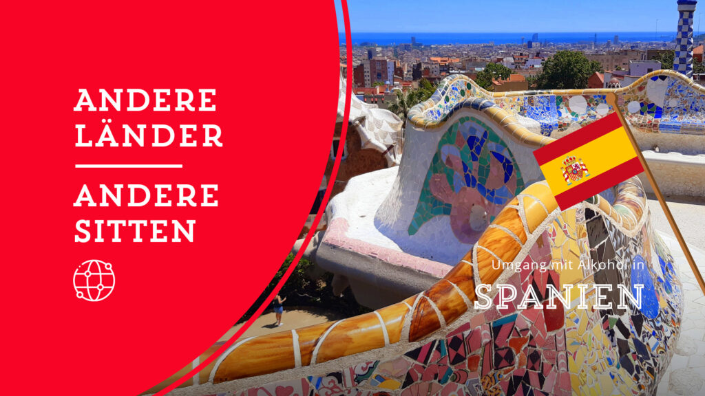 Der Park Güell von Barcelona, eingeblendet ist die spanische Nationalflagge