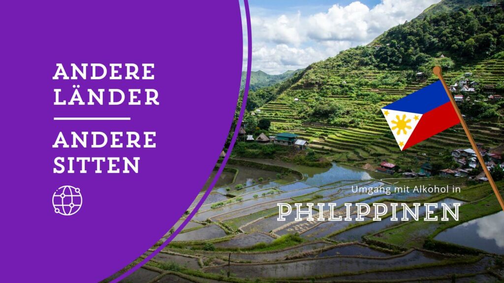 Philippinische Reislandschaften, im Vordergrund die philippinische Landesflagge eingeblendet