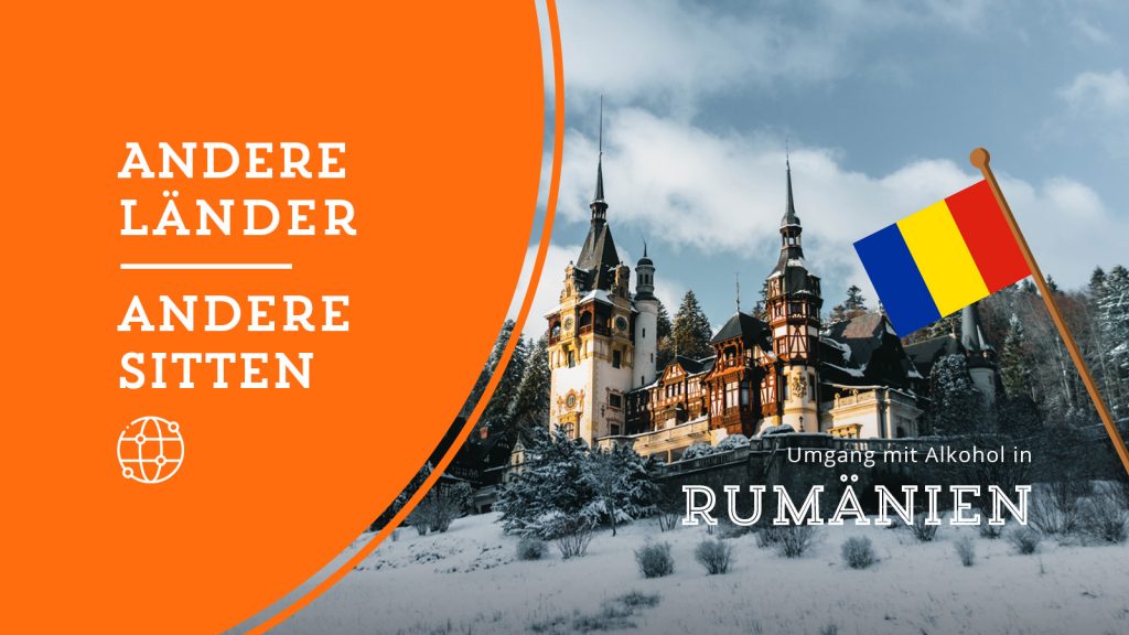 Titelblatt einer Website über Rumänien und den Umgang mit Alkohol in diesem Land. Zu sehen ist ein Schloss in winterlicher Landschaft. Eingeblendet ist eine rumänische Landesflagge