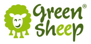 Das Logo von Green Sheep in grüner Schrift und links mit einem grünen Schaf.