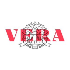 Logo von der Marke Vera in roter Schrift mit einem Bild mit der Aufschrift "Vera Spirits".