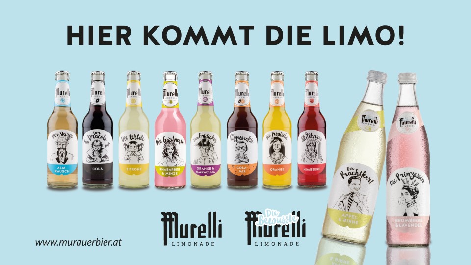 Verschiedene Geschmackssorten von alkoholfreiem Bier, von der Brauerei Murau der Marke Murelli. 