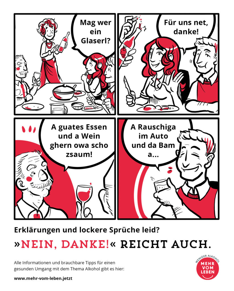 Ein Comic weist 4 Bilder auf, welche eine Geschichte zum Thema Alkohol darstellen. 