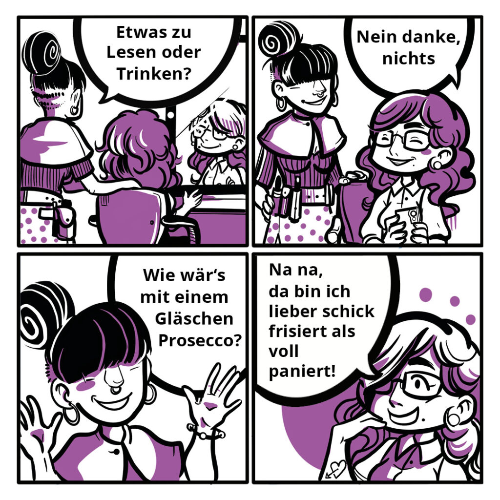 Ein Comic mit vier Bildern auf denen eine Friseurin und eine Kundin zu sehen sind. Der Comic beschreibt eine Story zum Thema Alkoholkonsum.