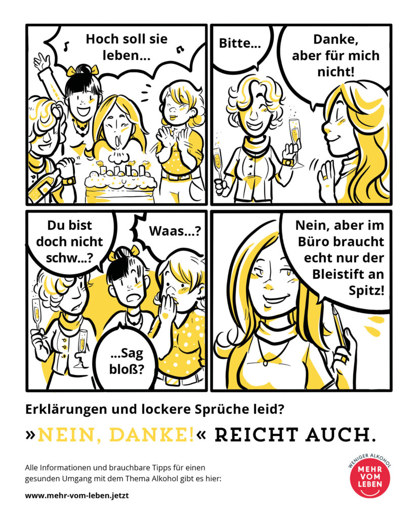 Ein Comic weist 4 Bilder auf, welche eine Alkoholgeschichte darstellen.